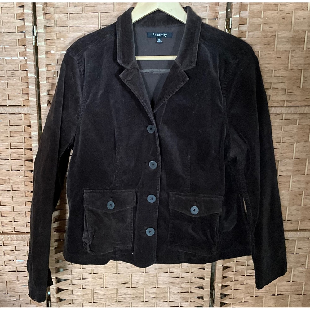 Relativity Corduroy Brown Blazer Jacket Womens Large Petite Button Military Punk